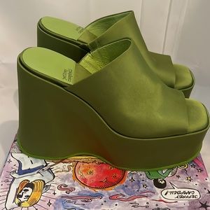 Jeffrey Campbell high-up light green satin wedge platform